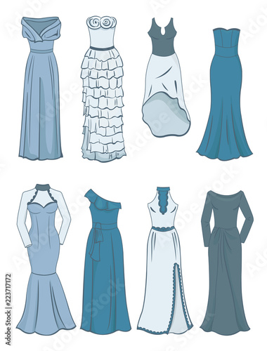 Set of long evening dresses, beautiful styles for celebrations, isolated on white background