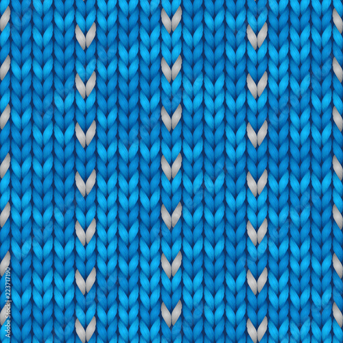 Knit christmas geometric ornament design with empty space for text. Xmas seamless pattern. Knitted winter blue color sweater texture. Vector illustration.