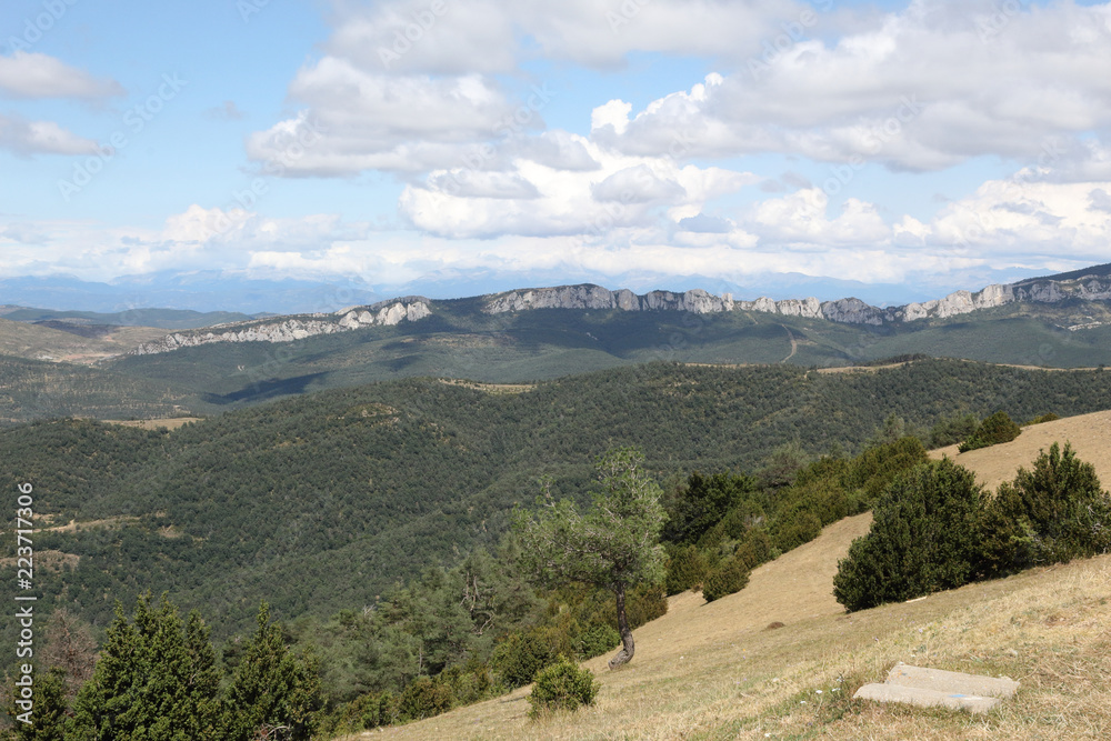 Fototapeta premium A summer landscape of the typical Pre-Pyrenees mountains from Puig Monè, with yellow grass and a blue cloudy sky in Luesi, a small town in the Aragon region, Spain