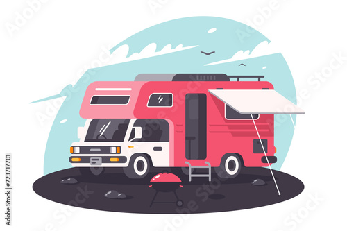Motor home on rest, parking, fresh air with bbq.