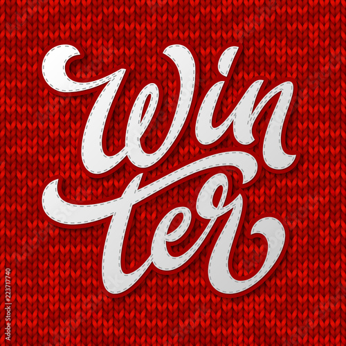 Winter typography. Letters on a red christmas knitted seamless background. Vector card design with calligraphy. Season typography. Season greeting card, banner template.