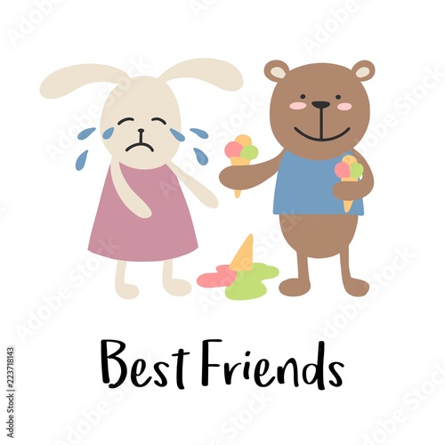 Crying bunny girl with smiling bear boy. Friends cute cartoon vector illustration card