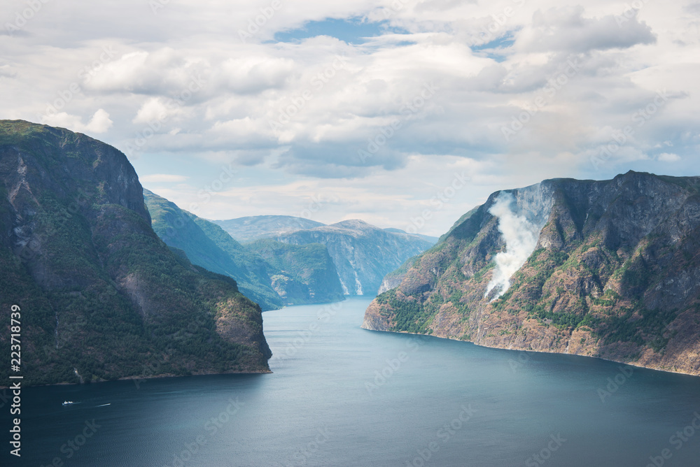 majestic view of sea and Aurlandsfjord from Stegastein viewpoint, Aurland, Norway