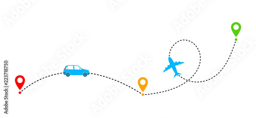 Concept of traveling by car and plane. Vector illustration.