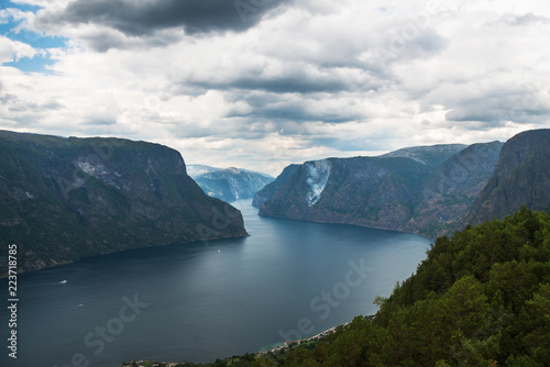 view of sea and Aurlandsfjord from Stegastein viewpoint, Aurland, Norway