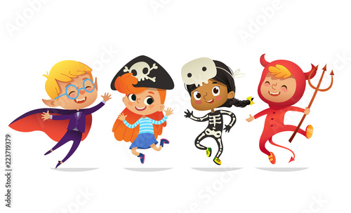 Set of Multiracial Boys and Girls, wearing Halloween costumes isolated on white background. Cartoon vector characters of Kid witch, pirate, Dracula, devil, skeleton, mummy, for party, web, mascot