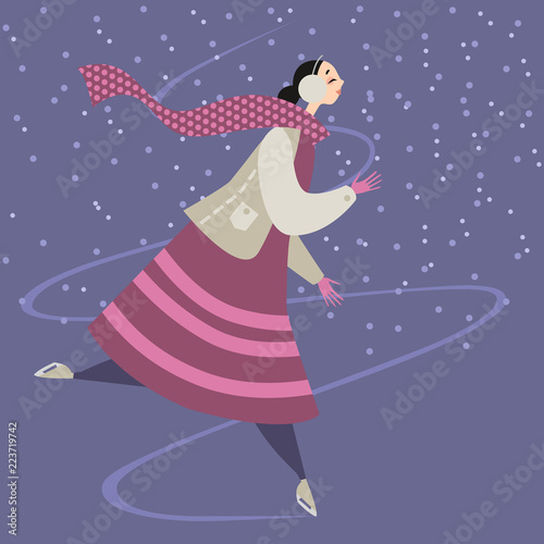 A sweet girl is skating on an ice rink on a winter day. Vector illustration in cartoon style