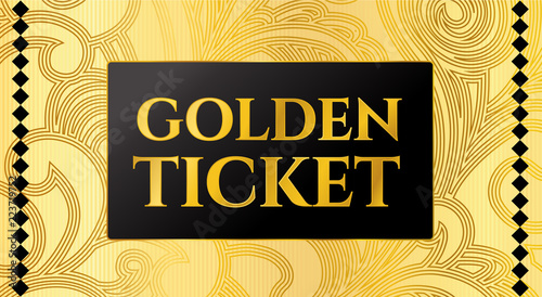 Golden ticket template, Concert ticket on gold background with curve floral pattern. Useful for any movie festival, party, cinema, event, entertainment show