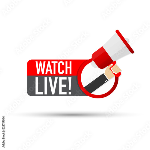 Hand Holding Megaphone with Watch live! Vector illustration.