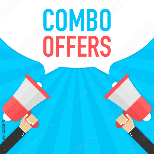 Hand Holding Megaphone with Combo offers. Vector illustration.