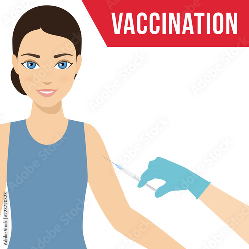 Vaccination and women health care. Doctor makes injection of flu shot, anesthesia, medical examination. Vector