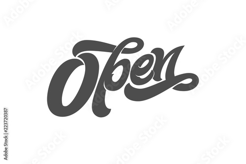 The phrase OPEN for the design of the sign on the door of a shop, cafe, bar or restaurant. Vector typography on white isolated background. Modern brush calligraphy.