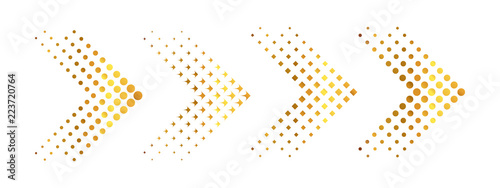 Set of gold arrows with halftone effect. Vector illustration