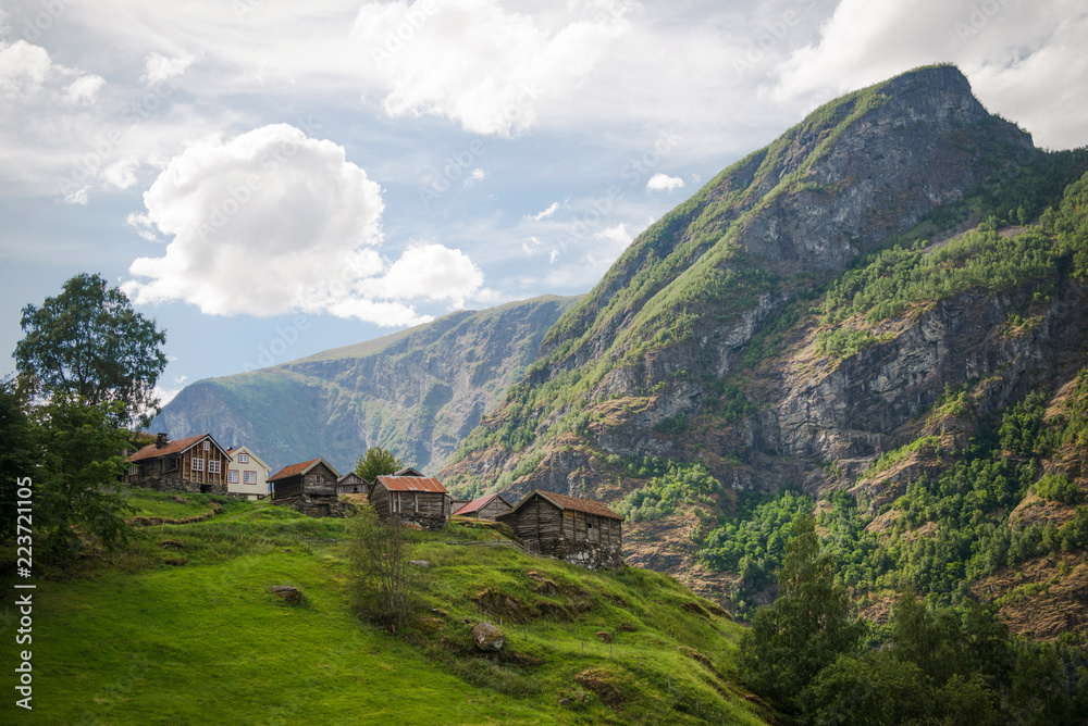 cozy wooden houses on green hill in majestic mountains, Aurlandsfjord, Flam (Aurlandsfjorden), Norway