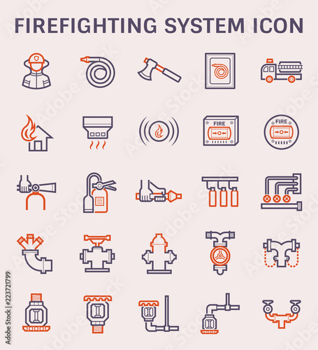 Firefighting system, equipment vector icon i.e. alarm, sprinkler, hose, extinguisher, firefighter or fireman for emergency, rescue, fire suppression by water, chemical. To safety, protection building.