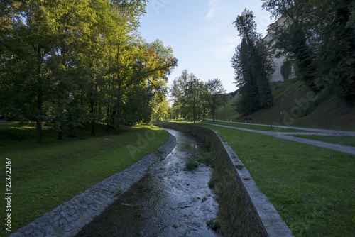 The area around Cesky Krumlov castle in the morning , Czech Republic