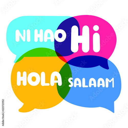 Speech bubbles Ni hao, hi, hola, salaam discuss, social network or bilingual translation concept. Vector business illustration on white background. photo