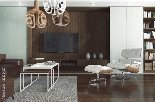 Pokój dzienny z telewizorem, zaprojektowany jako kompozycja jasnej szarości i ciemnego drewna