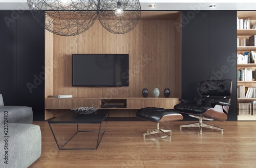 Pokój dzienny z telewizorem, zaprojektowany jako kompozycja czerni i jasnego drewna