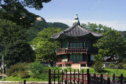 The Pavilion of Far-Reaching Fragrance is a small pagoda on an artificial island in the center of a small lake in the Gyeongbokgung Palace complex in Seoul.