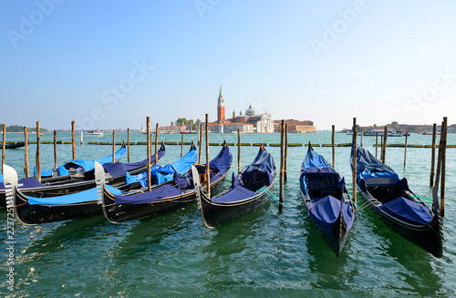 Gondolas and San Giorgio Maggiore church in Venice, Italy. © vencav