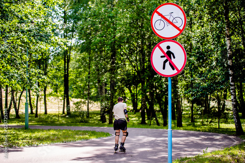 Road sign on the track for roller skates 