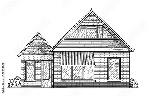 House illustration, drawing, engraving, ink, line art, vector
