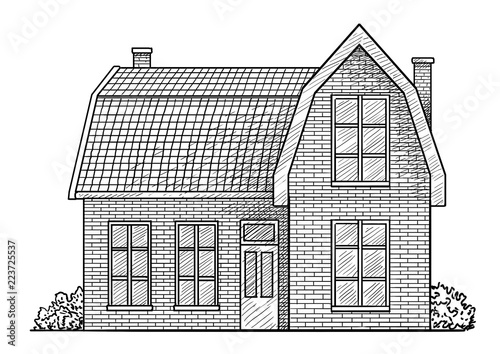 House illustration, drawing, engraving, ink, line art, vector