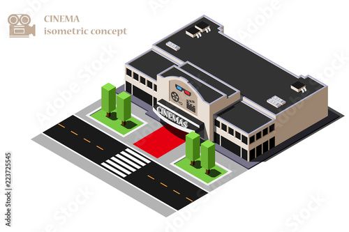 Isometric cinema building vector illustration.