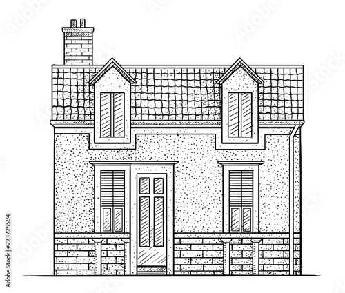 House illustration, drawing, engraving, ink, line art, vector