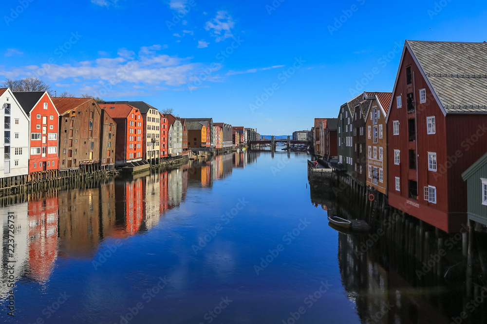 Old warehouses on the river Nidelven in Trondheim Norway