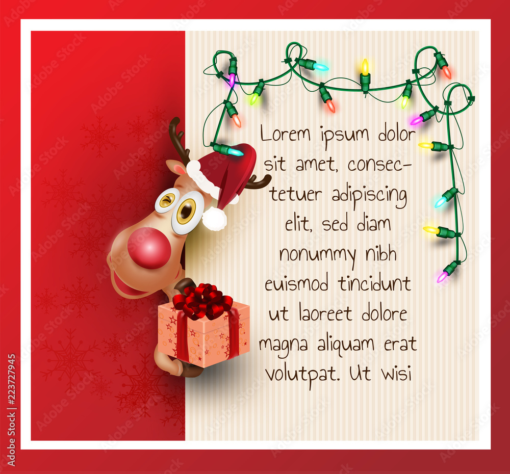 Reindeer,with Gift Box, Ornament lights merry christmas and Happy New Year,Red background greeting card