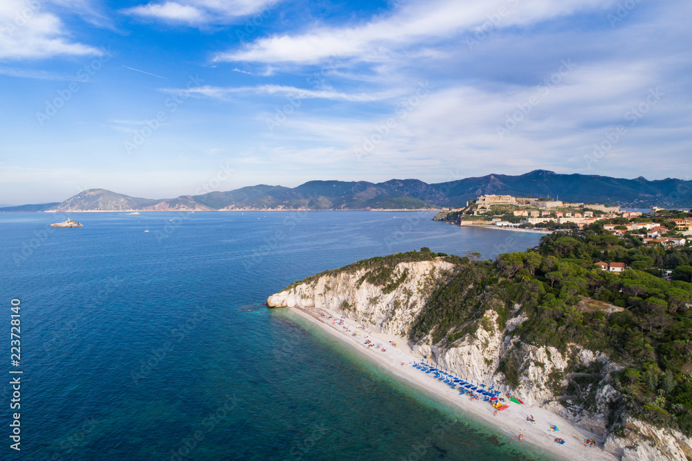 Famous beach of Capobianco near Portoferraio. Island of Elba in Italy. Aerial shot
