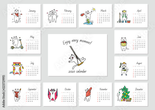 Enjoy every moment! Monthly calendar 2020 template with a funny cat enjoying seasons. Vector illustration 8 EPS.