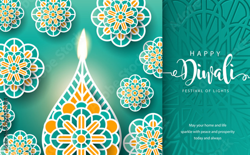 Happy Diwali Hindu festival, Burning diya illustration, Rangoli background for light festival of India.