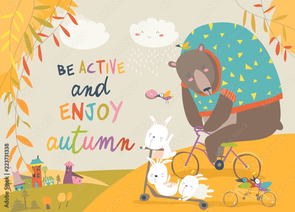 Cute animals riding a bicycles in autumn park