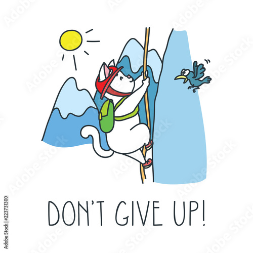 Don't give up! Cute white climber cat climbing to summit of mountain. Vector illustration 8 EPS.
