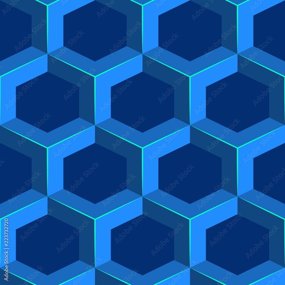 Seamless geometric volumetric pattern. Blue isometric honeycomb background. Seamless geometric volumetric pattern. Blue isometric honeycomb background.