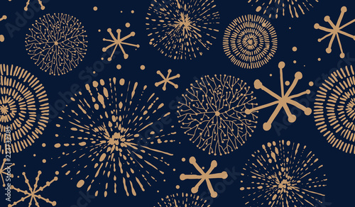 Abstract New Year pattern. Golden christmas snowflake on dark blue background. Seamless ornament for decor, wallpaper, gift paper and design of New Year's souvenirs