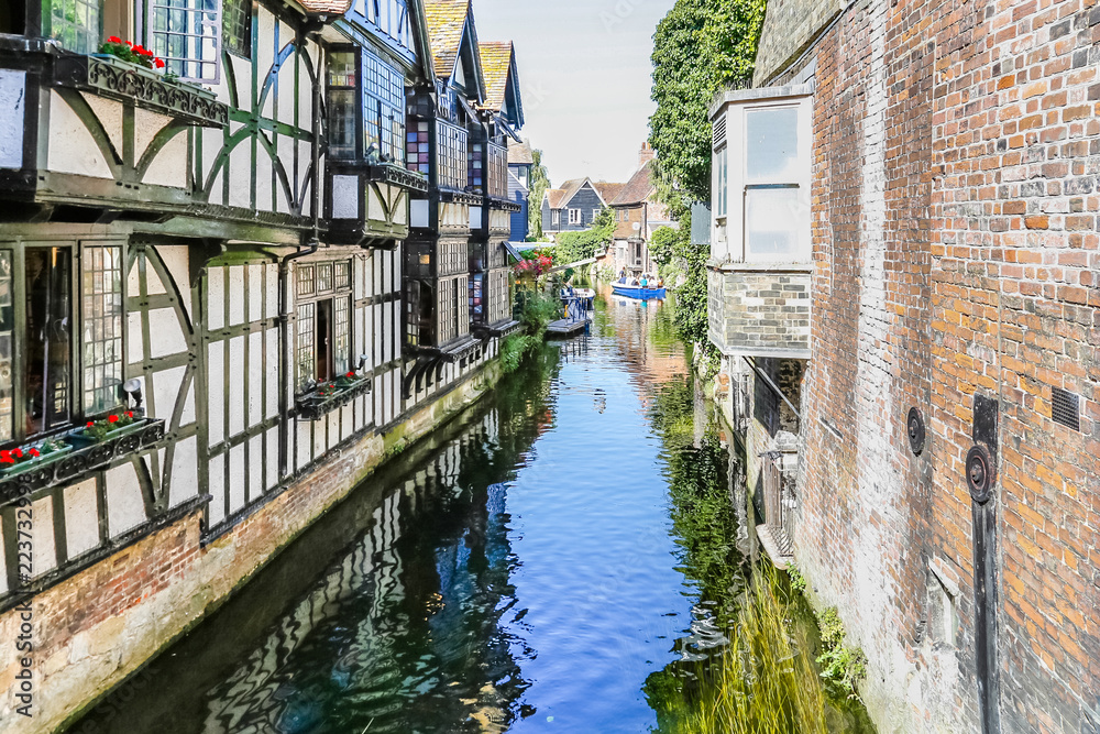 Historic center of Canterbury with half timbered houses and the river Great Stour, Kent, UK