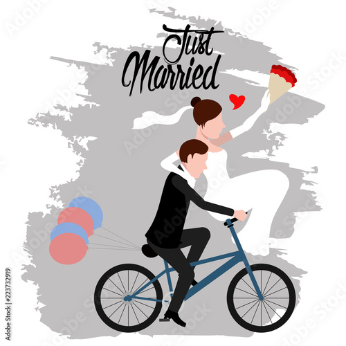 Groom and bride on a bicycle. Just married couple. Wedding concept image. Vector illustration design