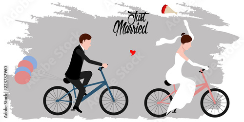 Bride and groom on bicycles. Just married couple. Marriage concept image. Vector illustration design