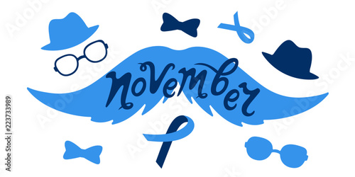 Mustache, hat, glasses and blue ribbon. Card for Prostate Cancer Awareness Month.