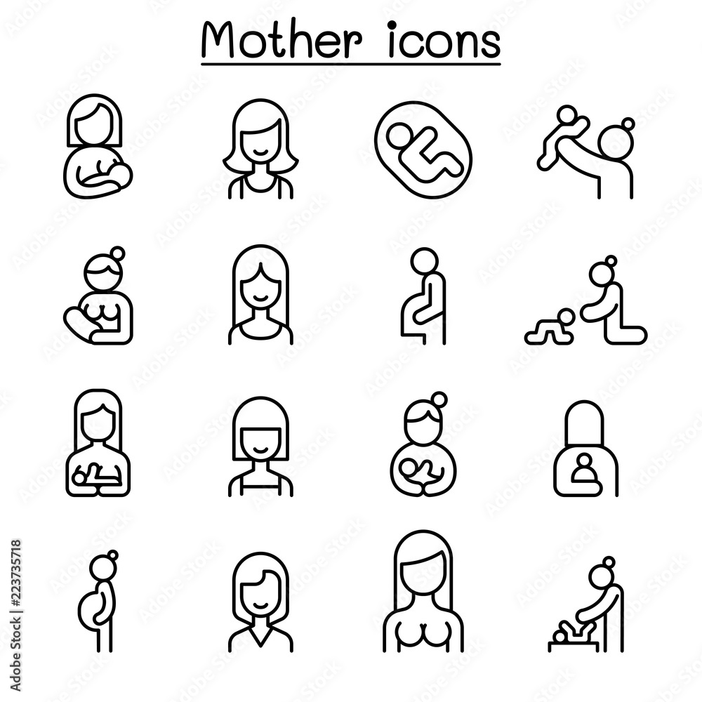 Mother and Woman icon set in thin line style