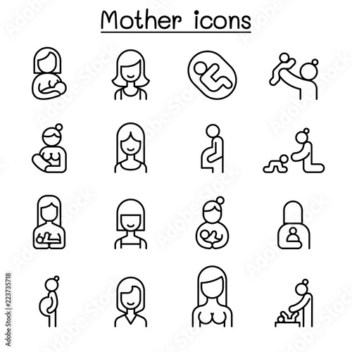 Mother and Woman icon set in thin line style
