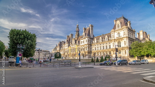 Hotel de Ville or Paris city hall timelapse hyperlapse in sunny day.