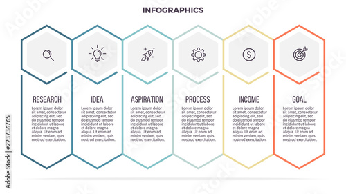 Business infographics. Timeline with 6 steps, options, hexagons. Vector template. Editable line.