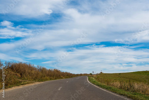 Empty asphalt road  dried vegetation  blue sky with washed white clouds.