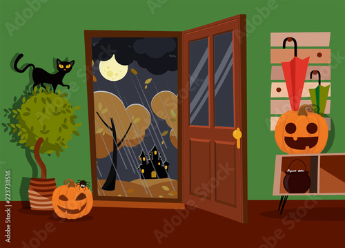 Halloween interior of hallway decorated with pumpkins faces, boiler and spider with open door to street. Black cat on home plant. Moon landscape, yellow trees, rain. Flat cartoon vector illustration