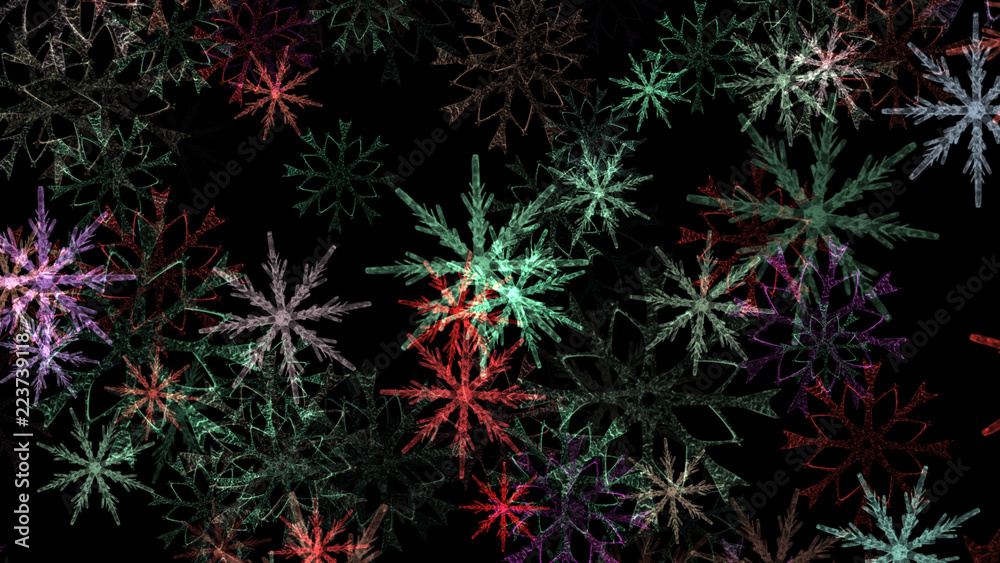 Abstract background with a variety of colorful snowflakes. Big and small. Abstract background with a variety of colorful snowflakes. Big and small.
